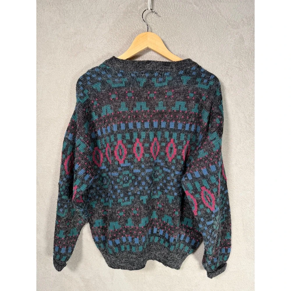 Vintage Le Tigre Mens Large Gray Geometric Knit Crewneck Sweater Made in USA 80s